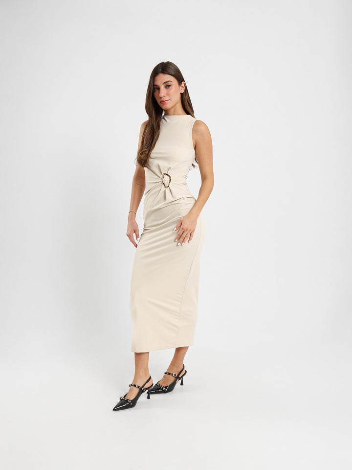 Straight Maxi Dress With Gold Buckle Waist