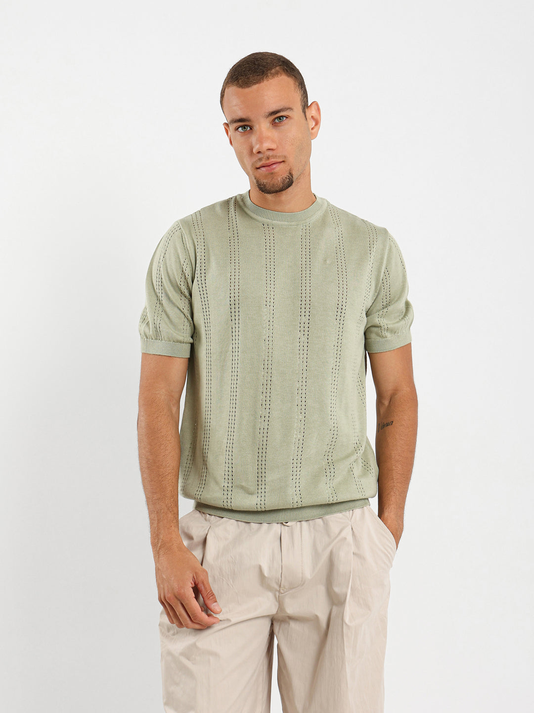 Tricot Striped Open Knit Relaxed T-Shirt