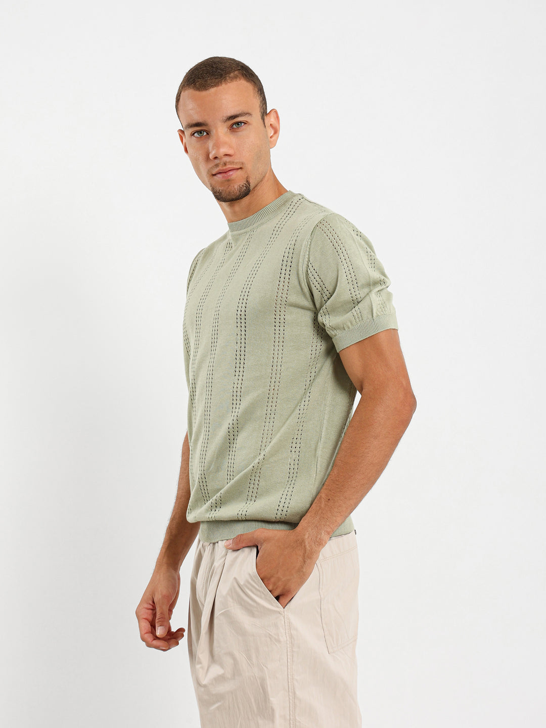 Tricot Striped Open Knit Relaxed T-Shirt