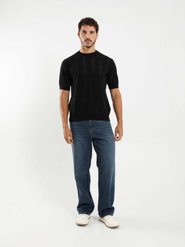 Tricot Striped Open Knit Relaxed T-Shirt