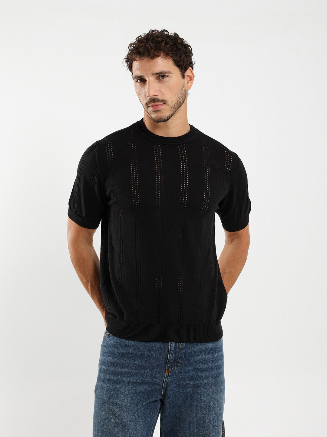 Tricot Striped Open Knit Relaxed T-Shirt