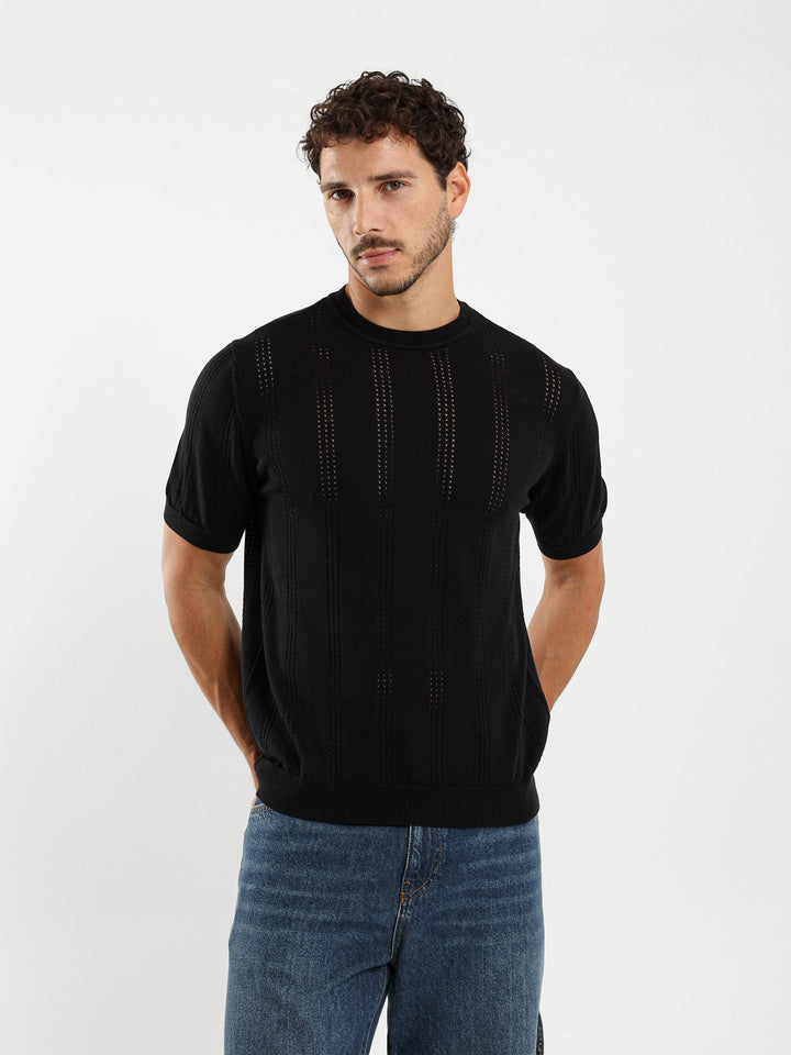 Tricot Striped Open Knit Relaxed T-Shirt