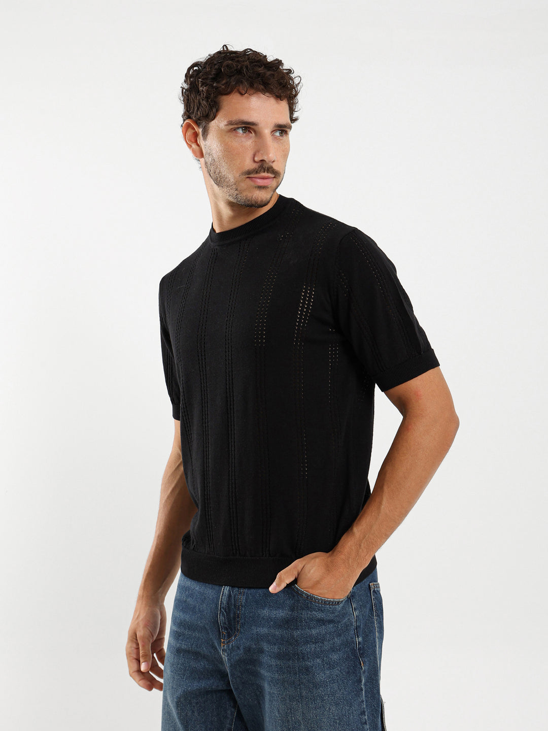 Tricot Striped Open Knit Relaxed T-Shirt