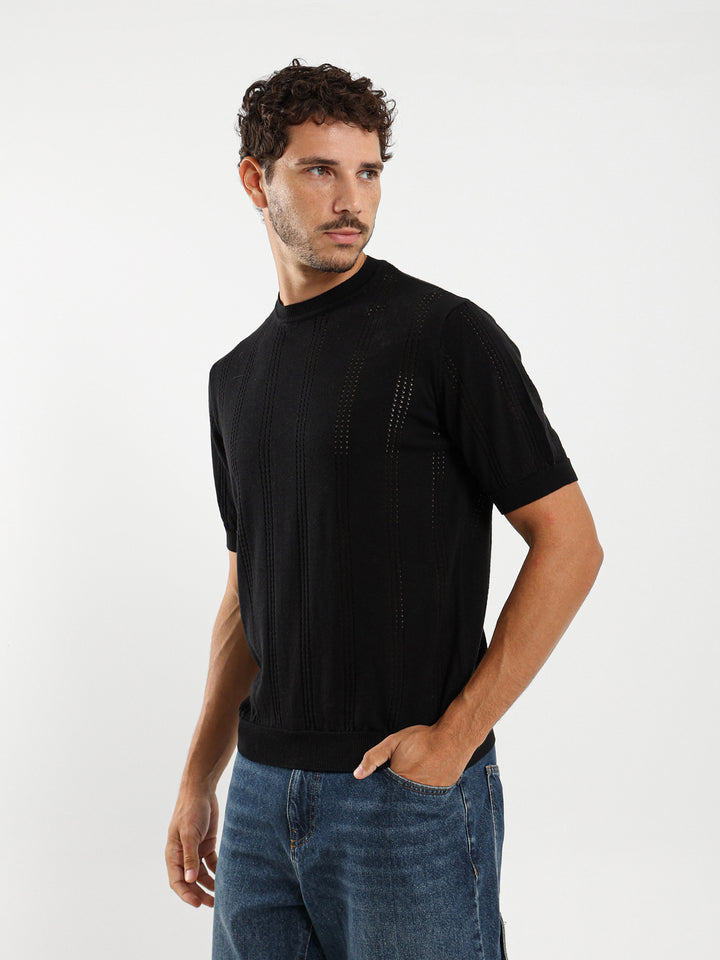 Tricot Striped Open Knit Relaxed T-Shirt