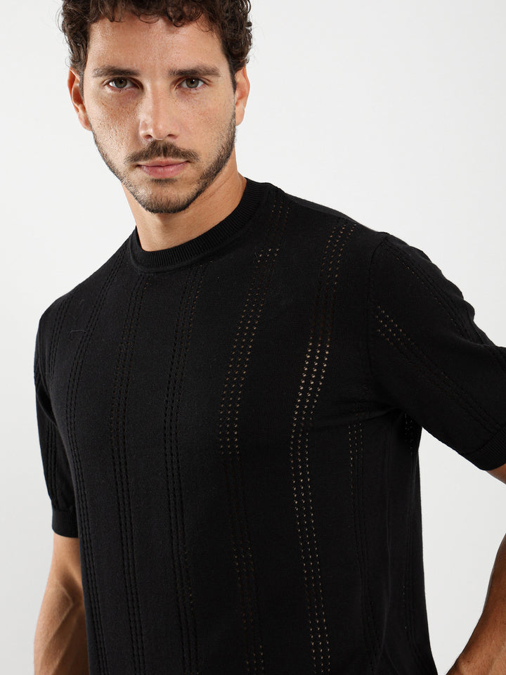 Tricot Striped Open Knit Relaxed T-Shirt