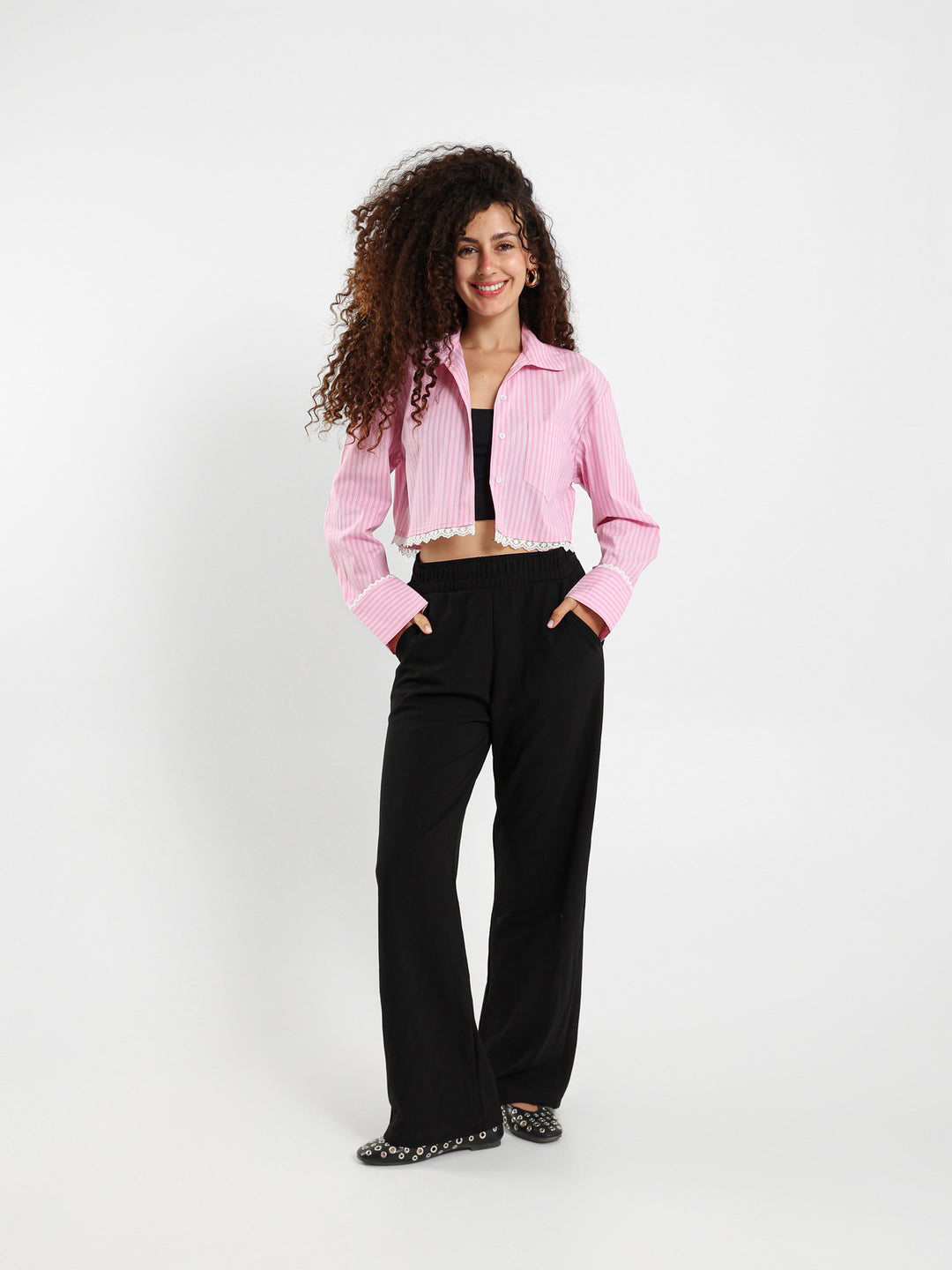 Striped Cropped Shirt With Lace Trim