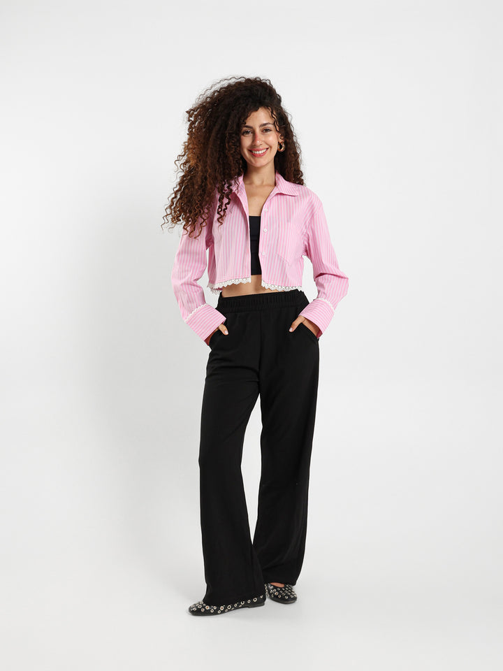 Striped Cropped Shirt With Lace Trim