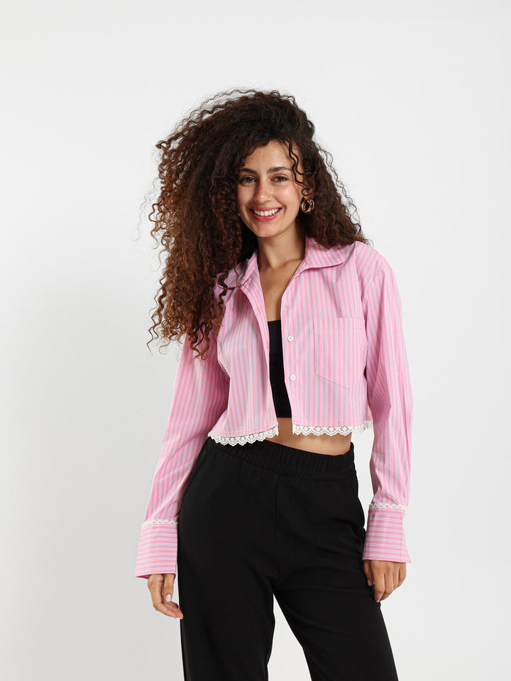 Striped Cropped Shirt With Lace Trim