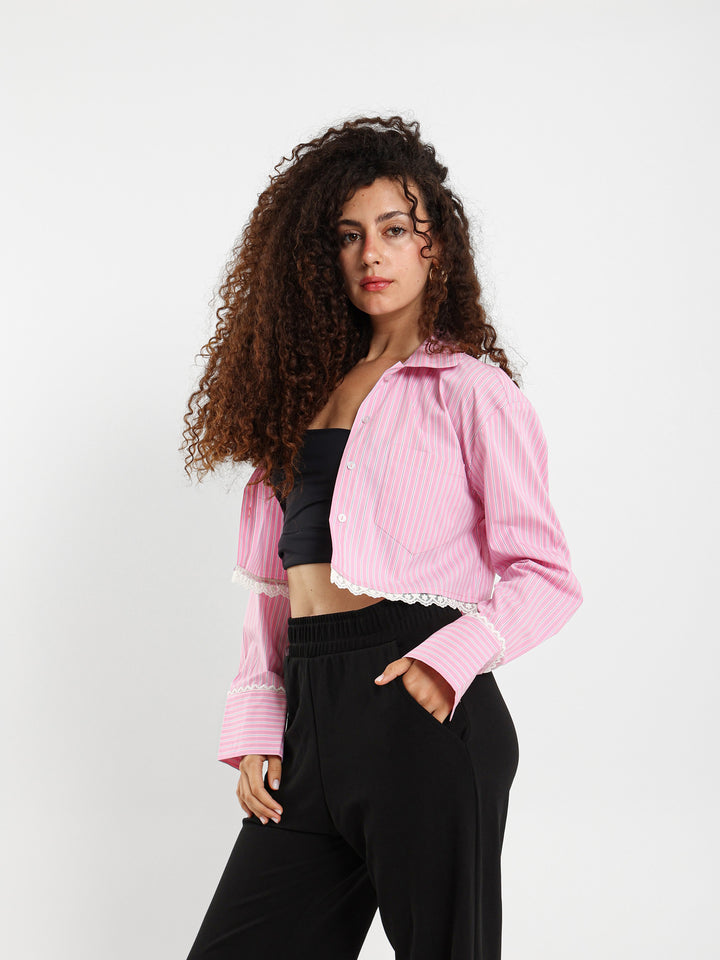 Striped Cropped Shirt With Lace Trim