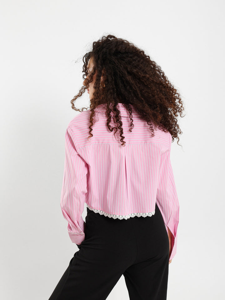 Striped Cropped Shirt With Lace Trim