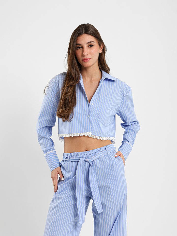 Striped Cropped Shirt With Lace Trim