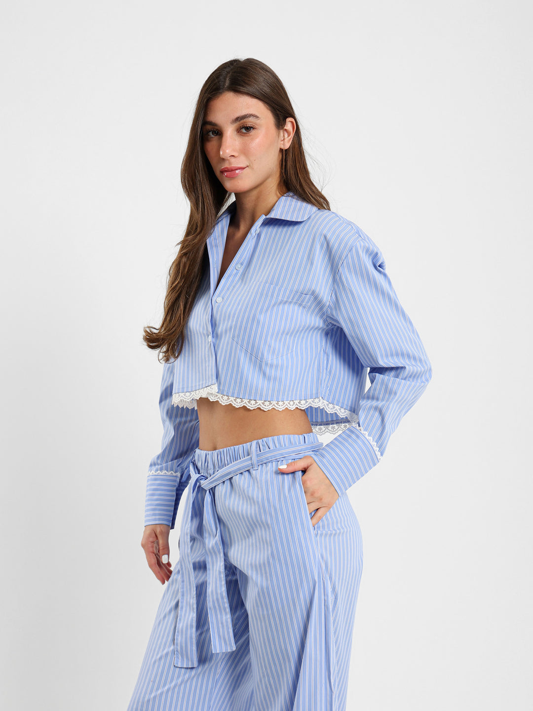Striped Cropped Shirt With Lace Trim