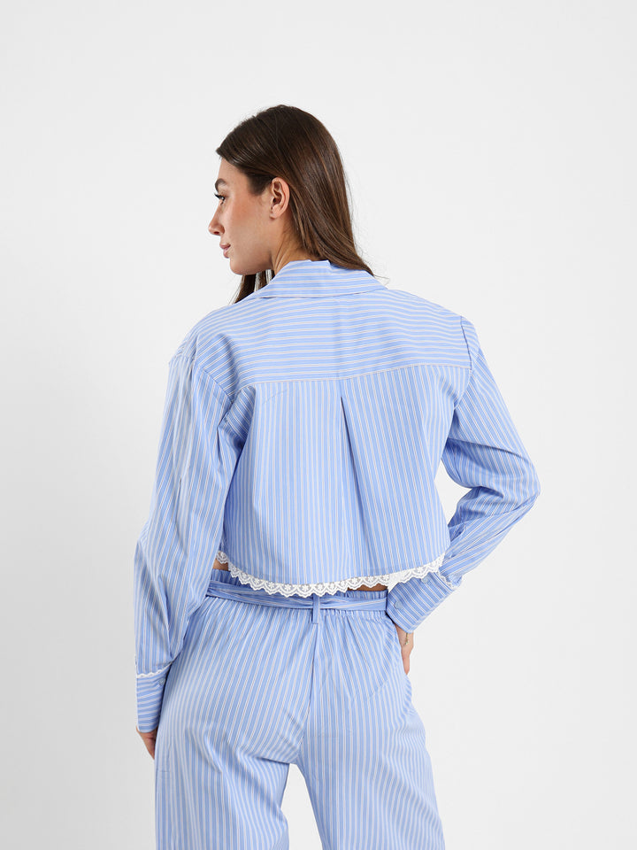 Striped Cropped Shirt With Lace Trim