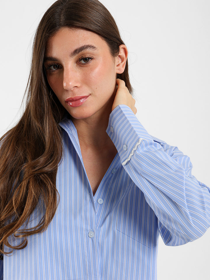 Striped Cropped Shirt With Lace Trim