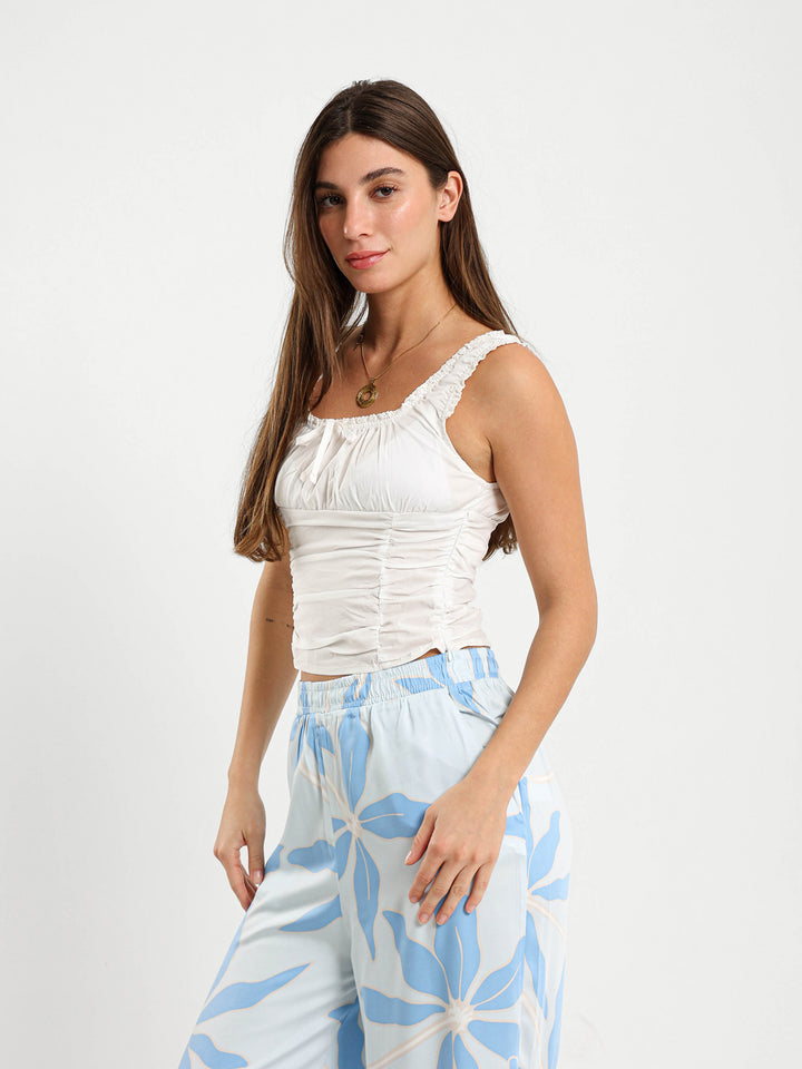 Sleeveless Ruched Waist Top With Lace Detail
