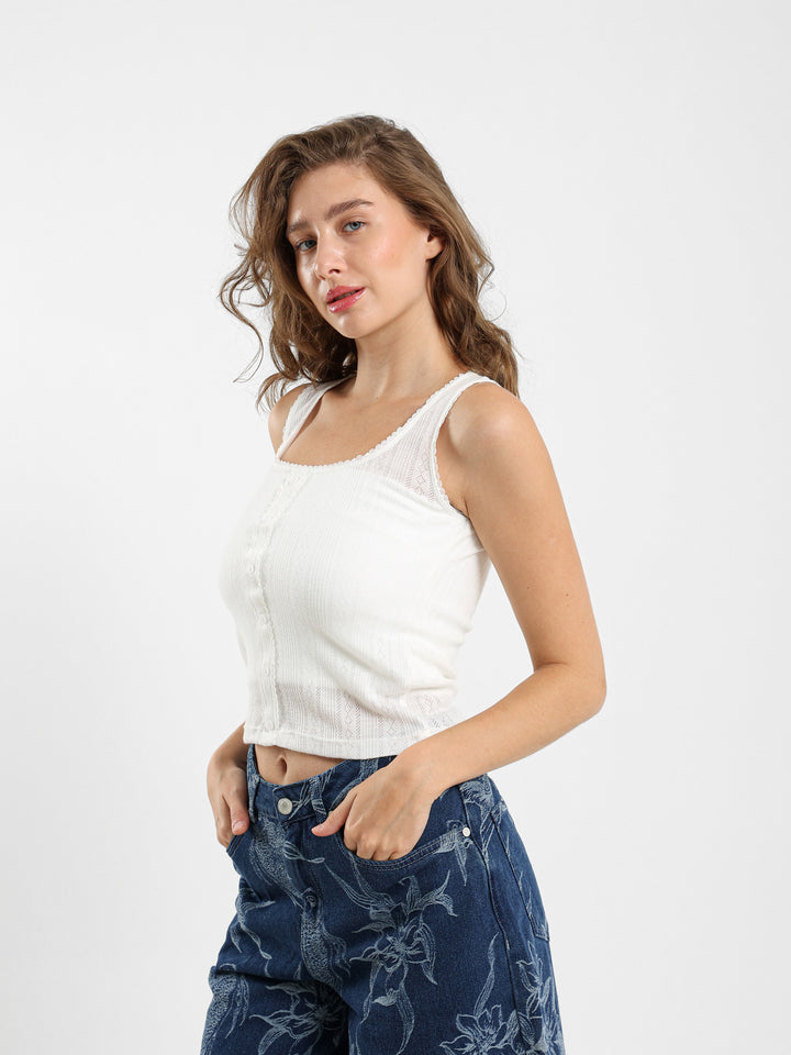 Buttoned Sleeveless Pointelle Top