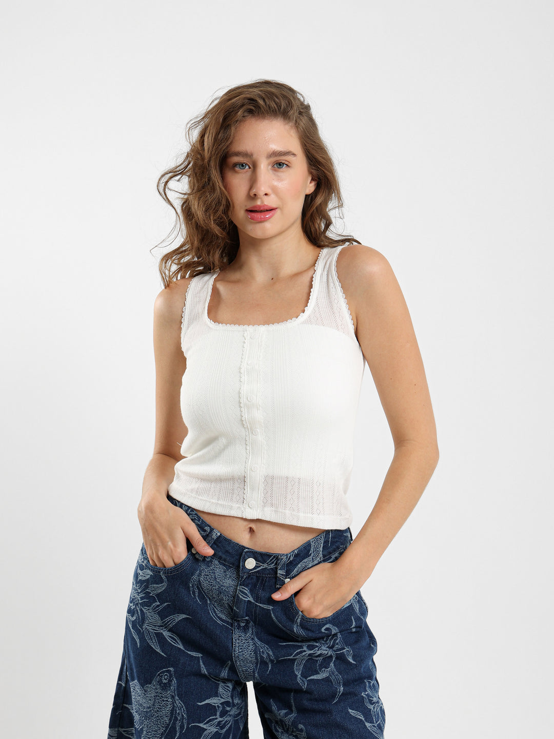 Buttoned Sleeveless Pointelle Top