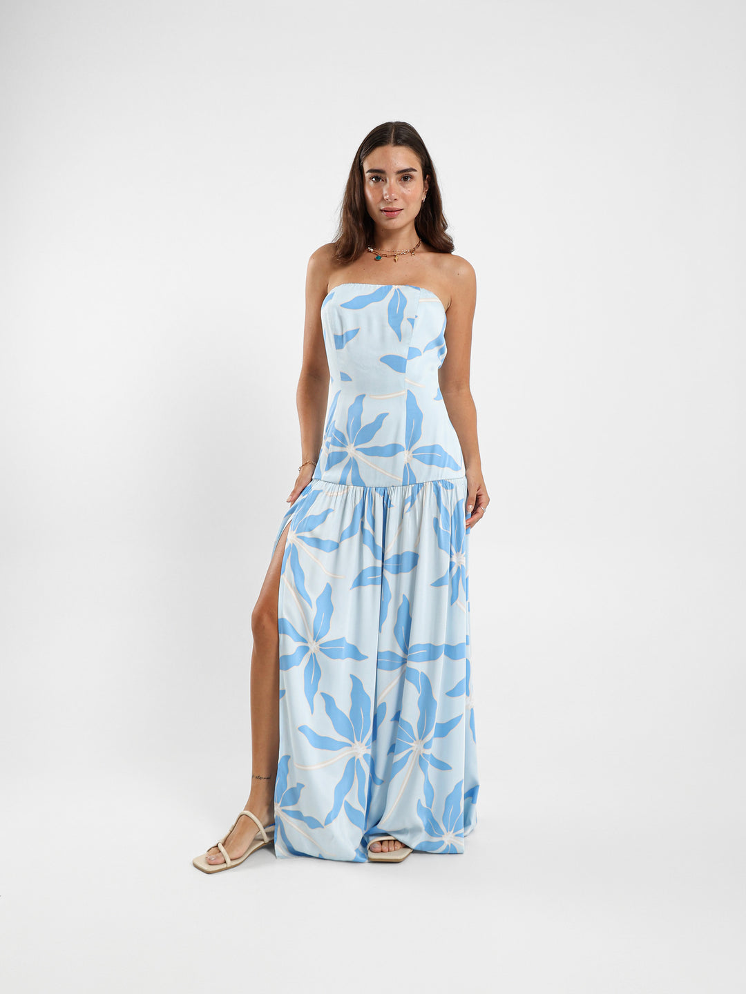 Strapless Floral Print Maxi Dress With Front Detail