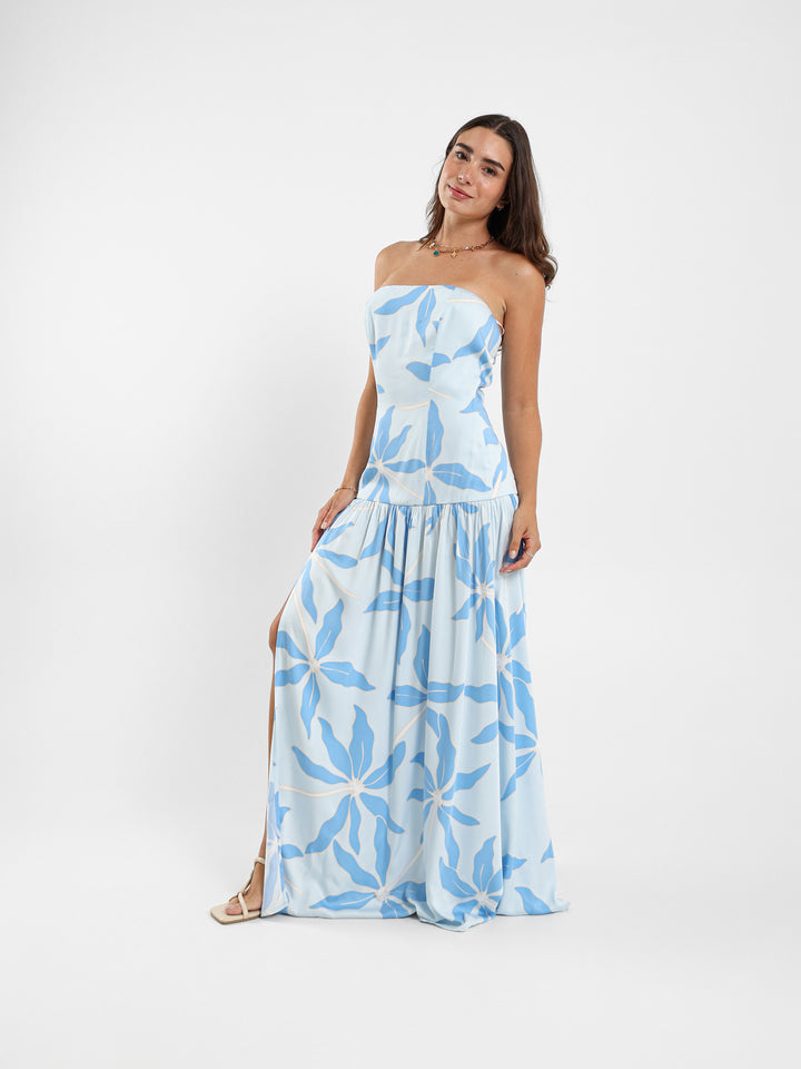 Strapless Floral Print Maxi Dress With Front Detail