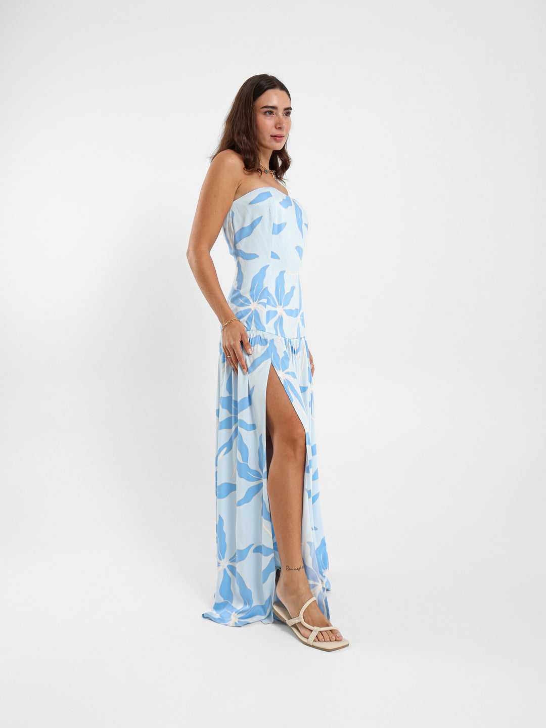 Strapless Floral Print Maxi Dress With Front Detail