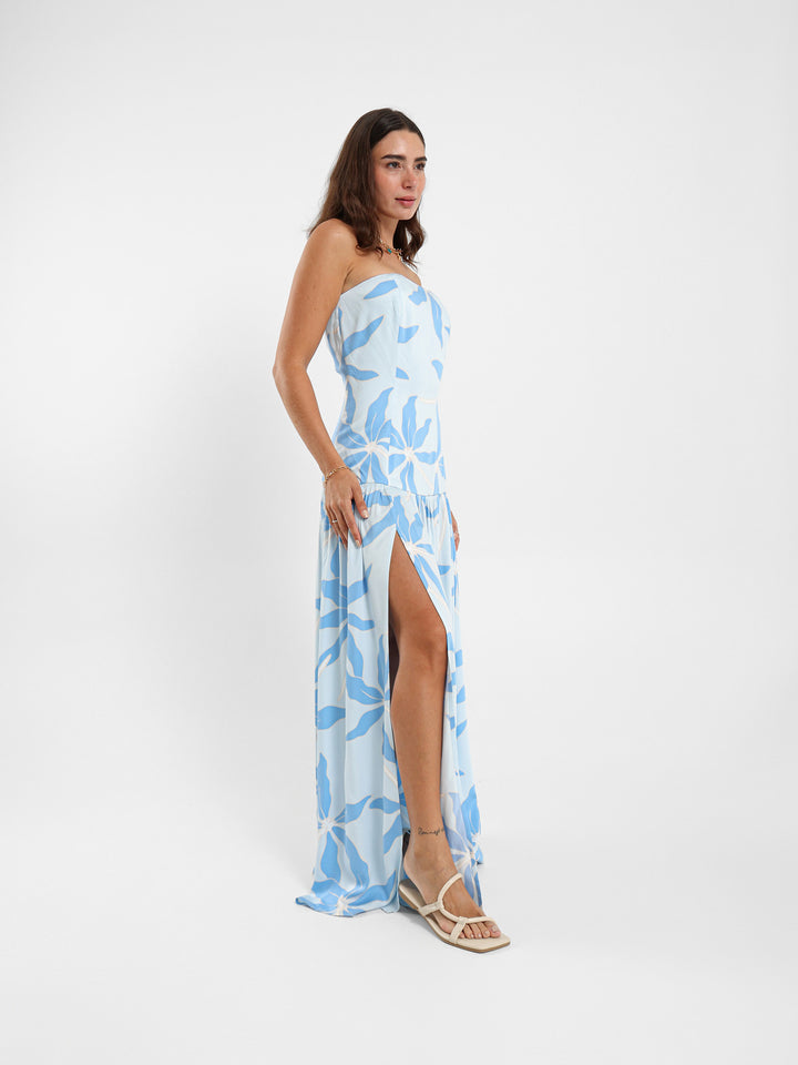 Strapless Floral Print Maxi Dress With Front Detail