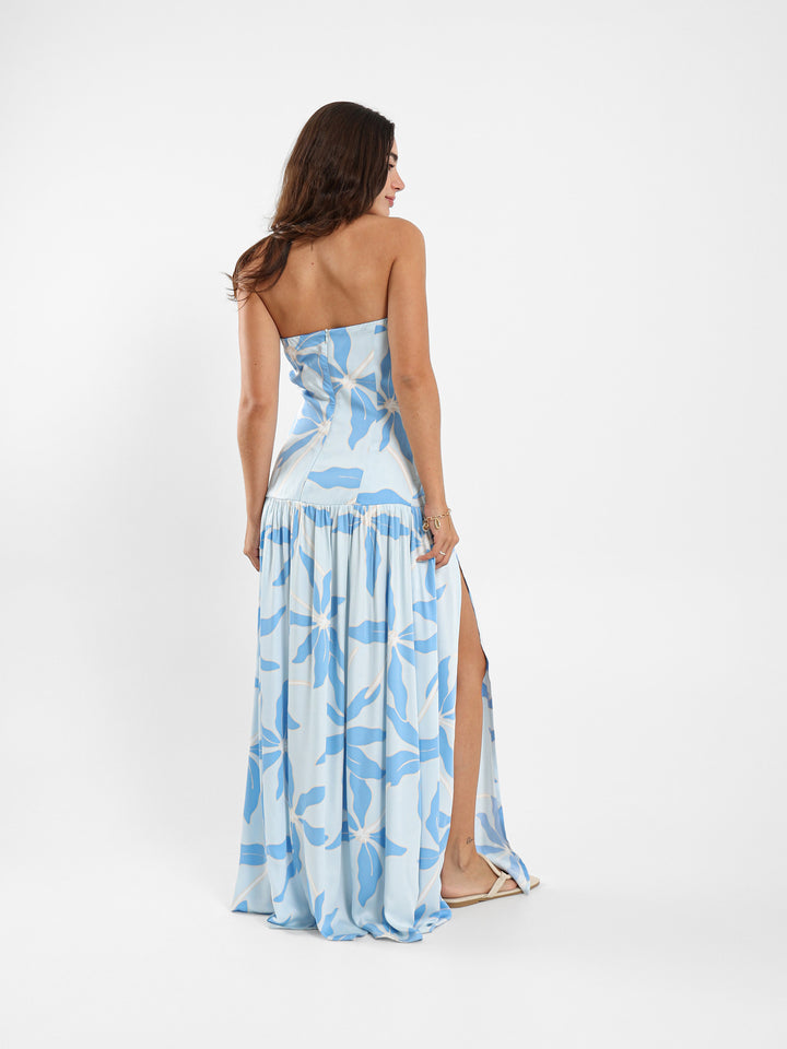 Strapless Floral Print Maxi Dress With Front Detail