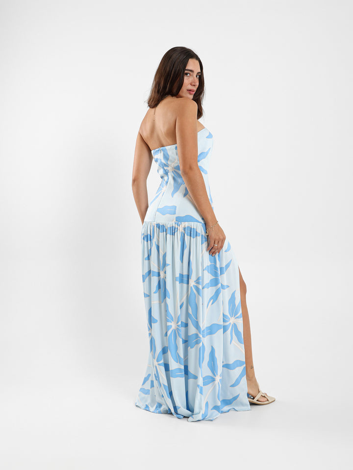 Strapless Floral Print Maxi Dress With Front Detail