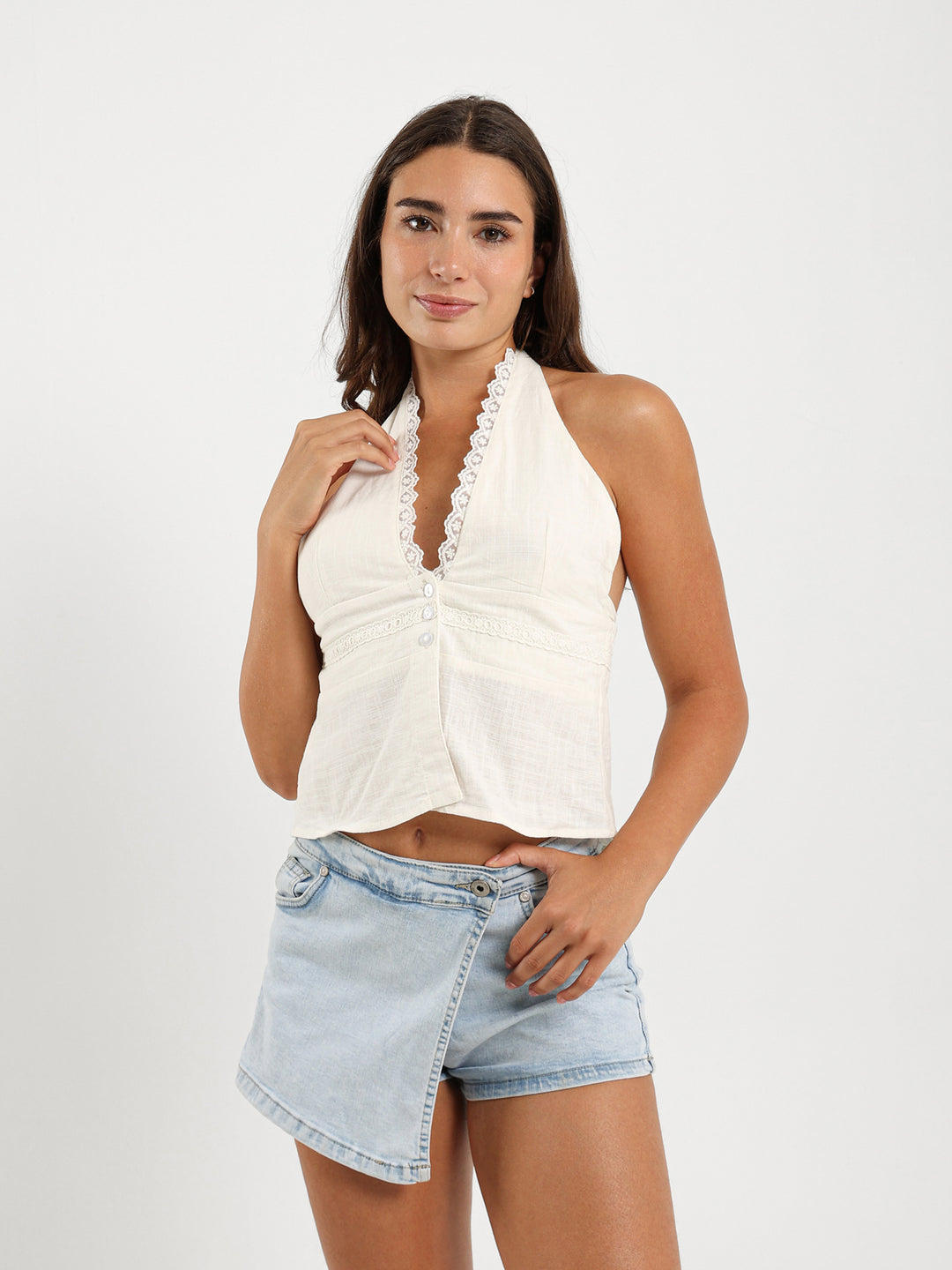 Halter Neck Top With Lace Trim
