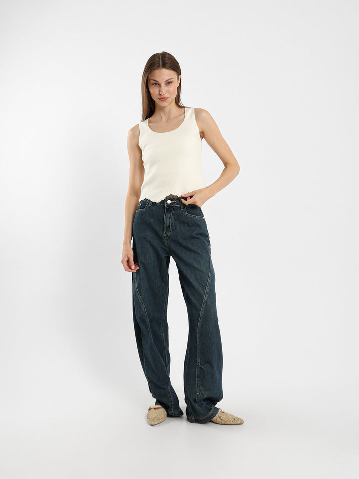 Square Neck Top With Embroidered Hem