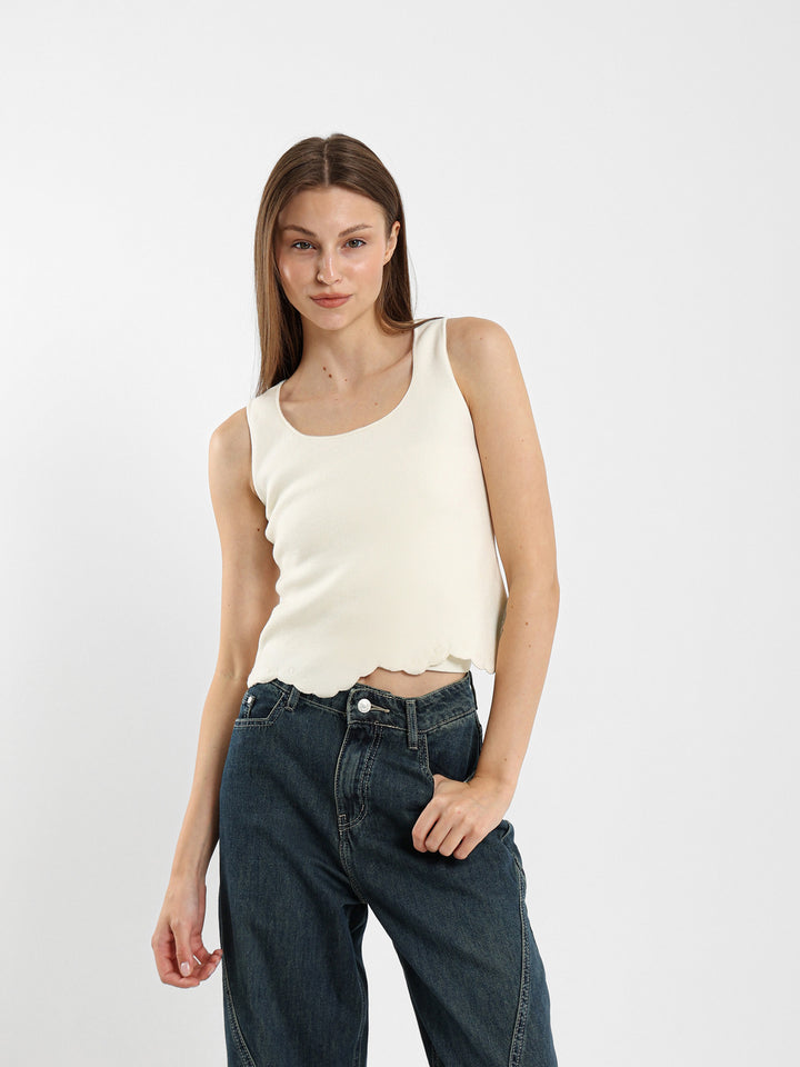 Square Neck Top With Embroidered Hem