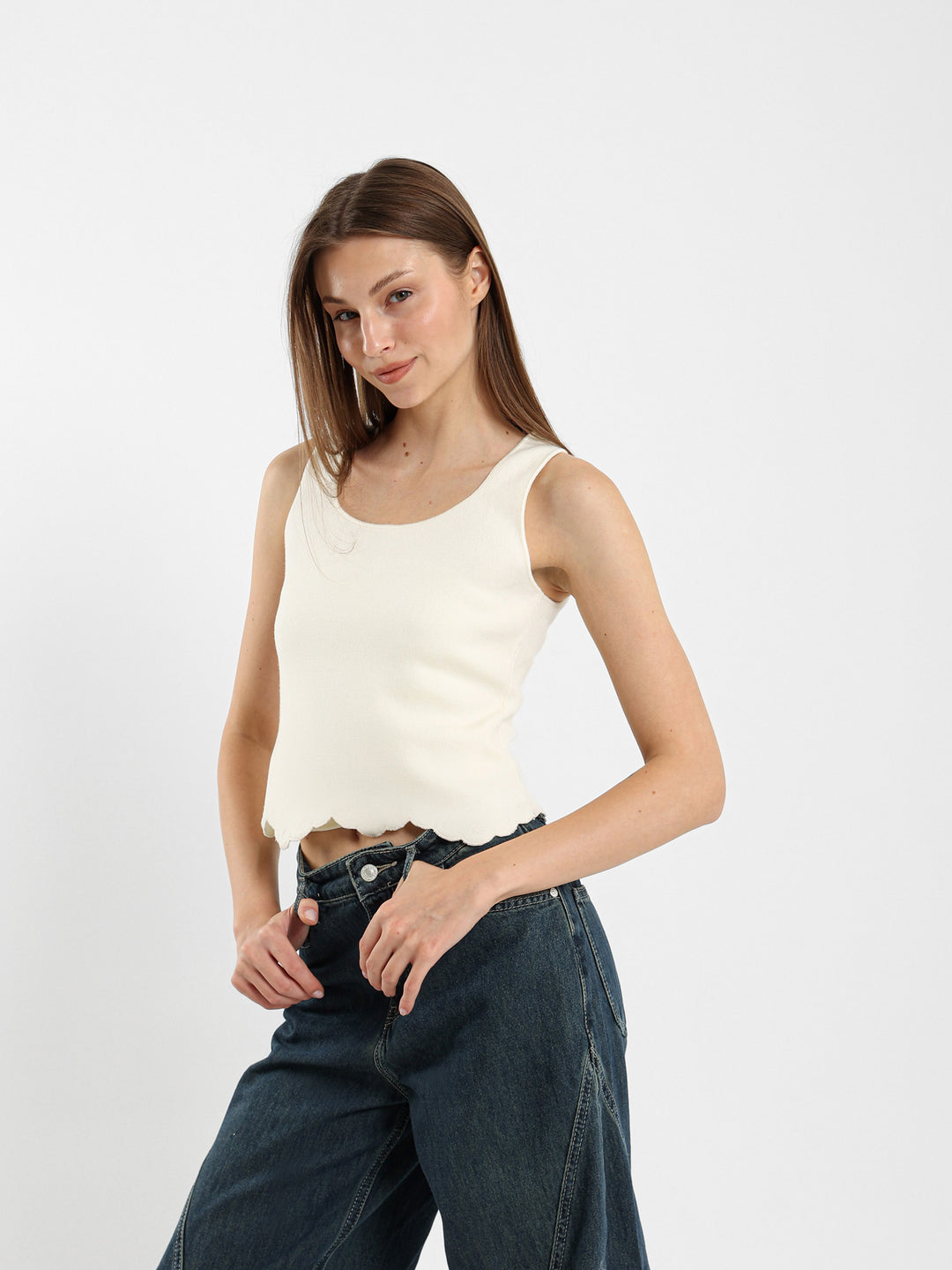 Square Neck Top With Embroidered Hem
