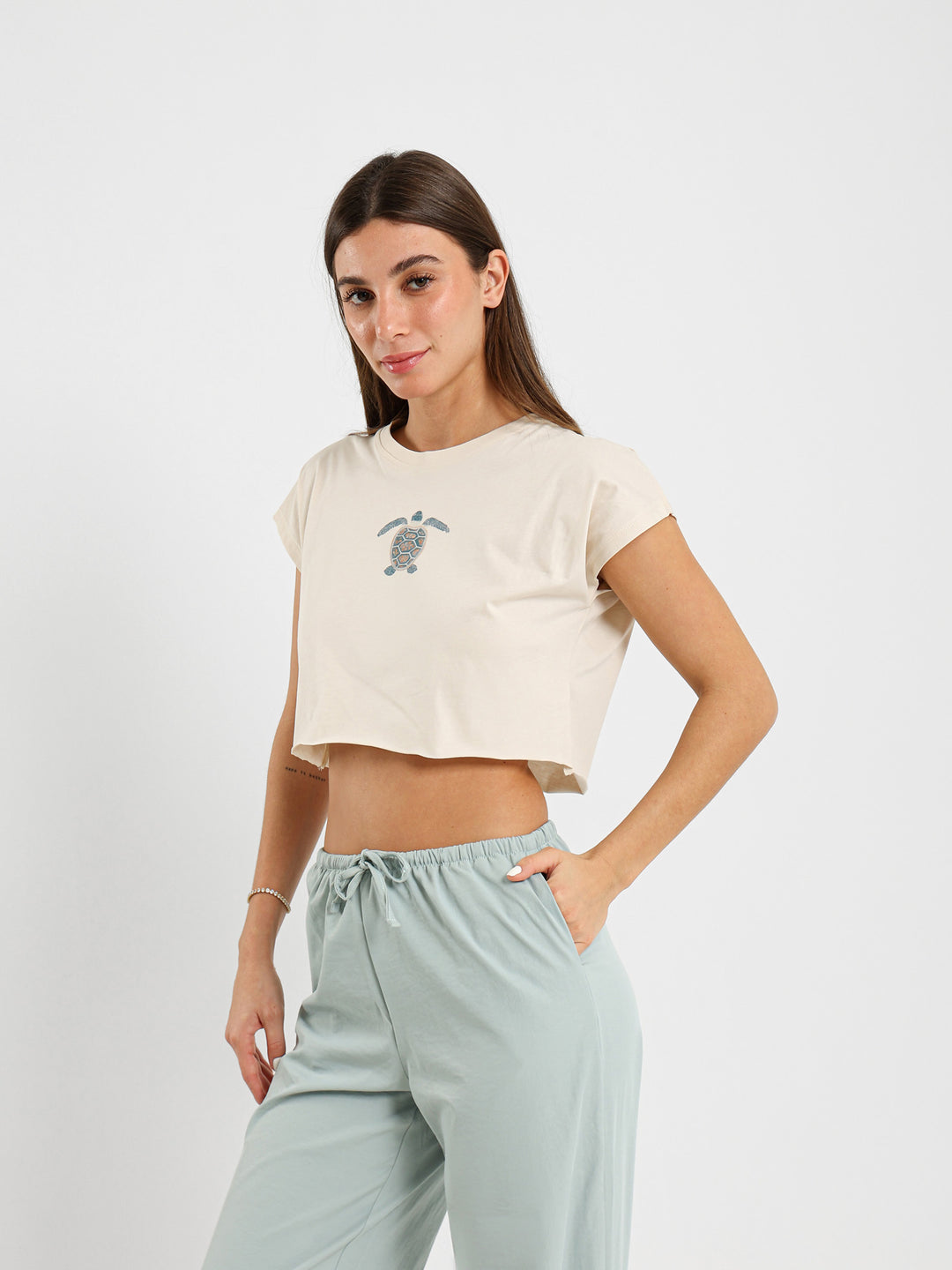 Turtle Print Cropped T-Shirt