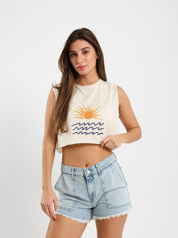 Sun And Waves Print Sleeveless T-Shirt