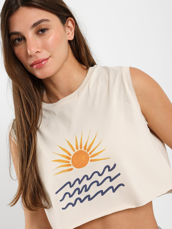Sun And Waves Print Sleeveless T-Shirt