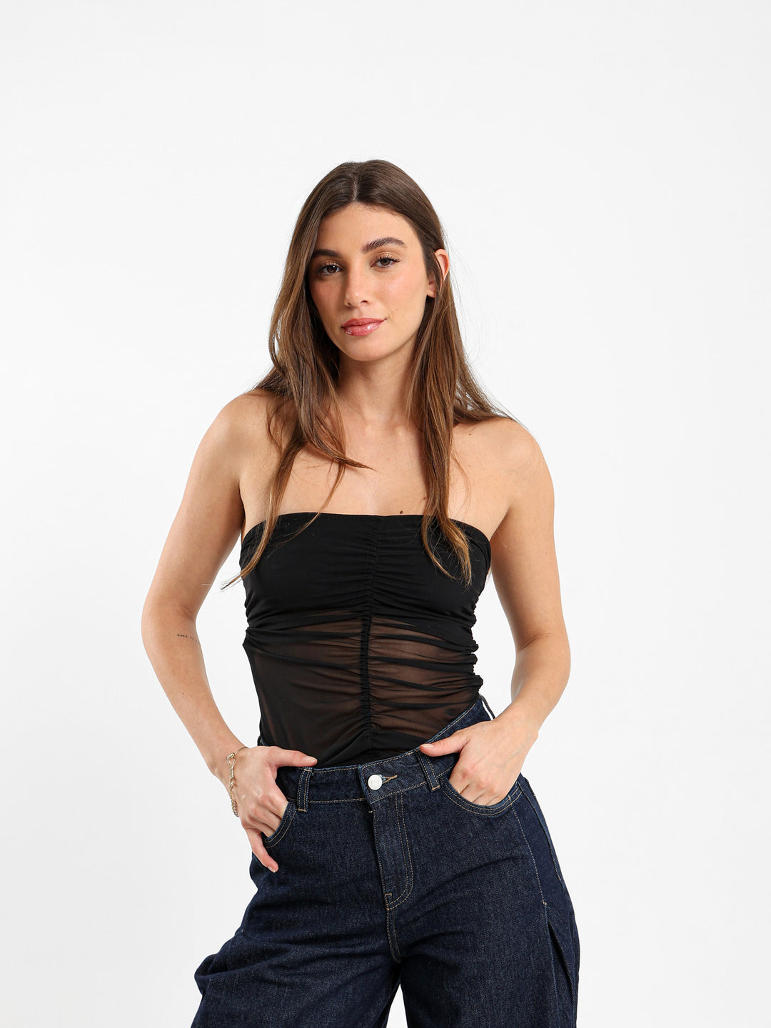 Bandeau Mesh Top With Front Ruching