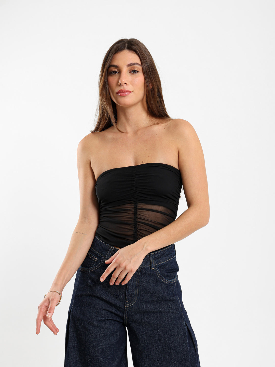 Bandeau Mesh Top With Front Ruching