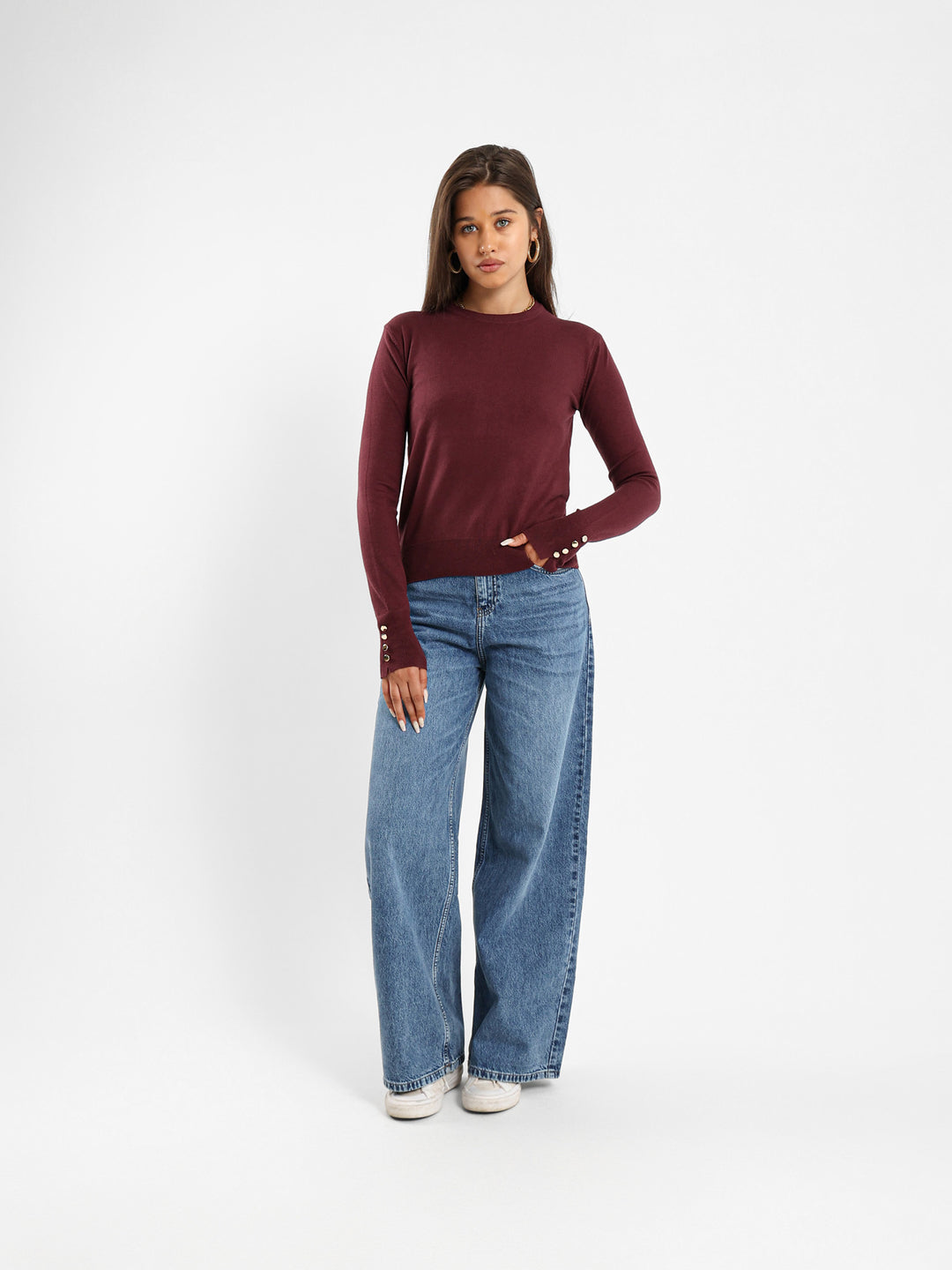 Crew Neck Pullover With Gold Buttons