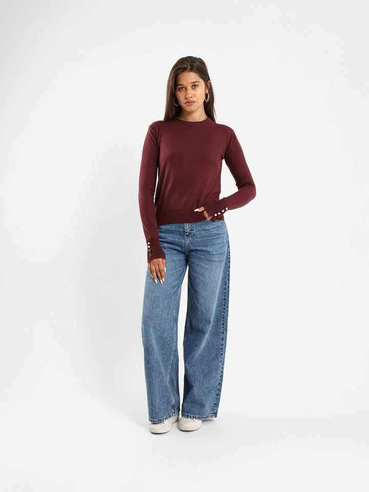 Crew Neck Pullover With Gold Buttons