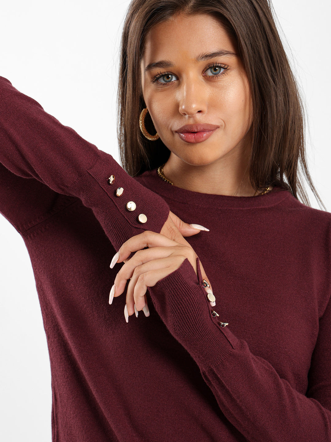 Crew Neck Pullover With Gold Buttons