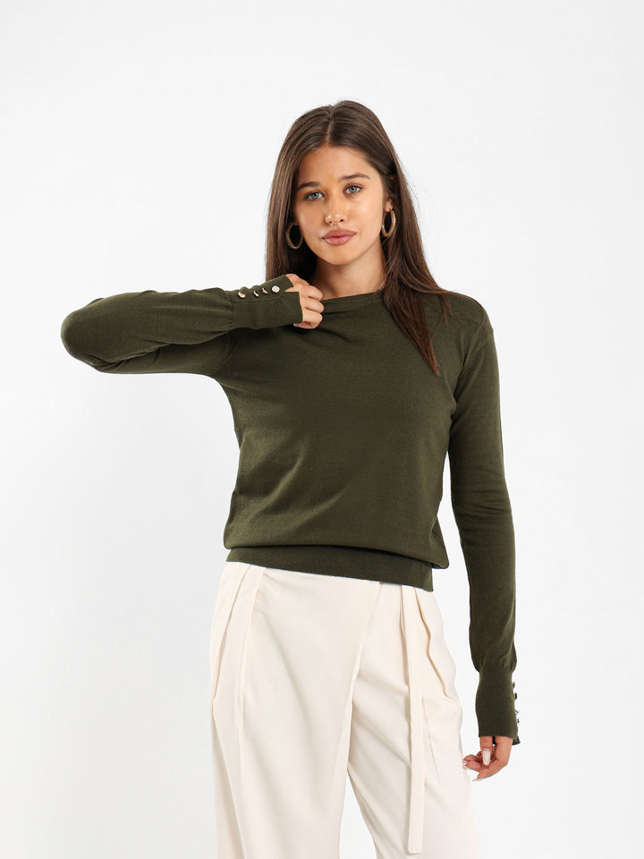 Crew Neck Pullover With Gold Buttons
