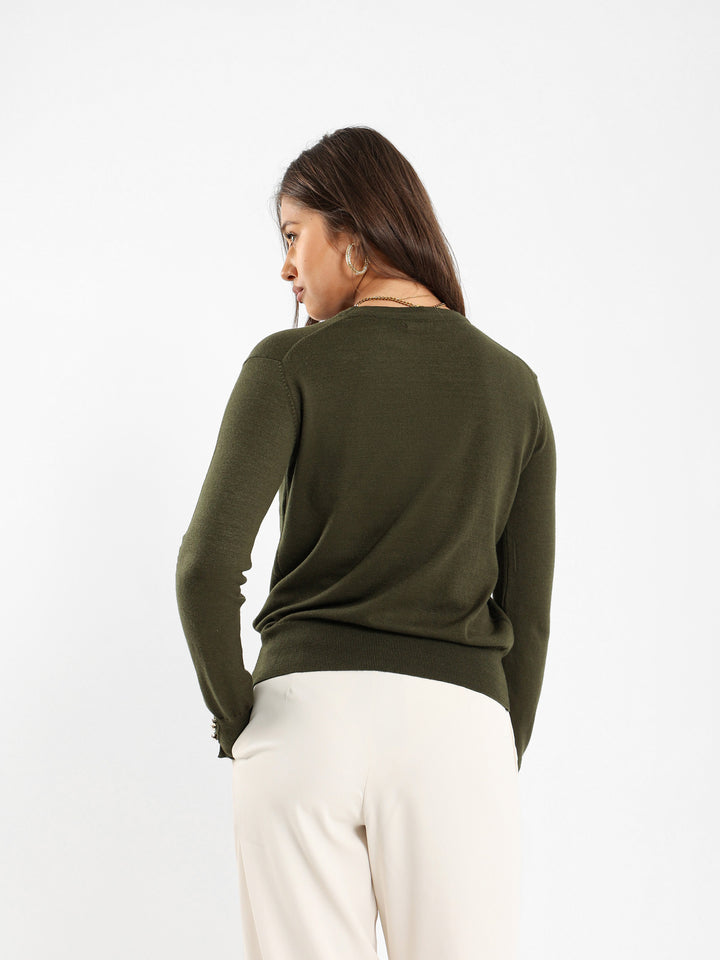 Crew Neck Pullover With Gold Buttons