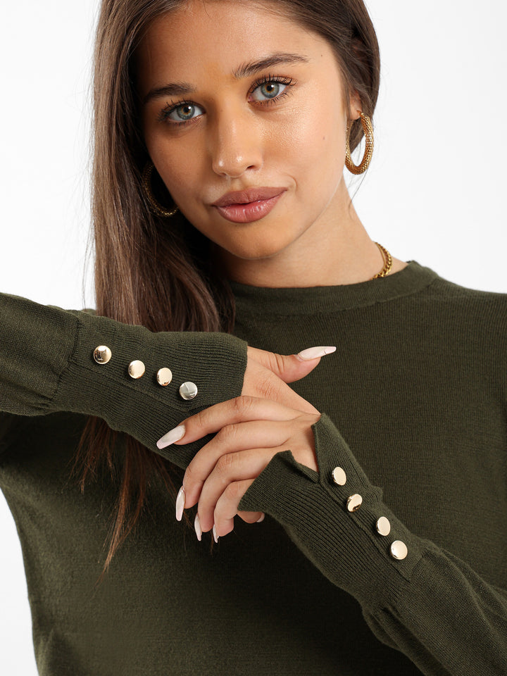 Crew Neck Pullover With Gold Buttons