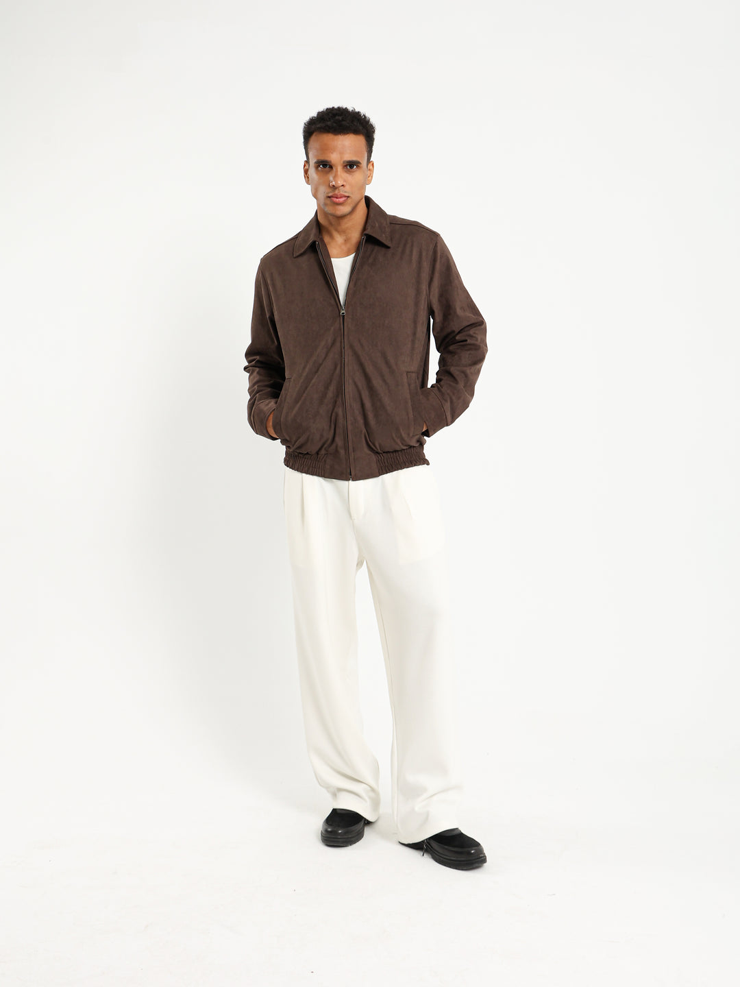 Suede Bomber Jacket with Collar