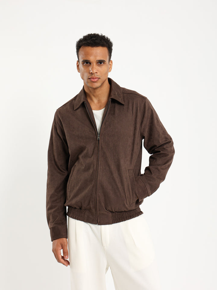 Suede Bomber Jacket with Collar