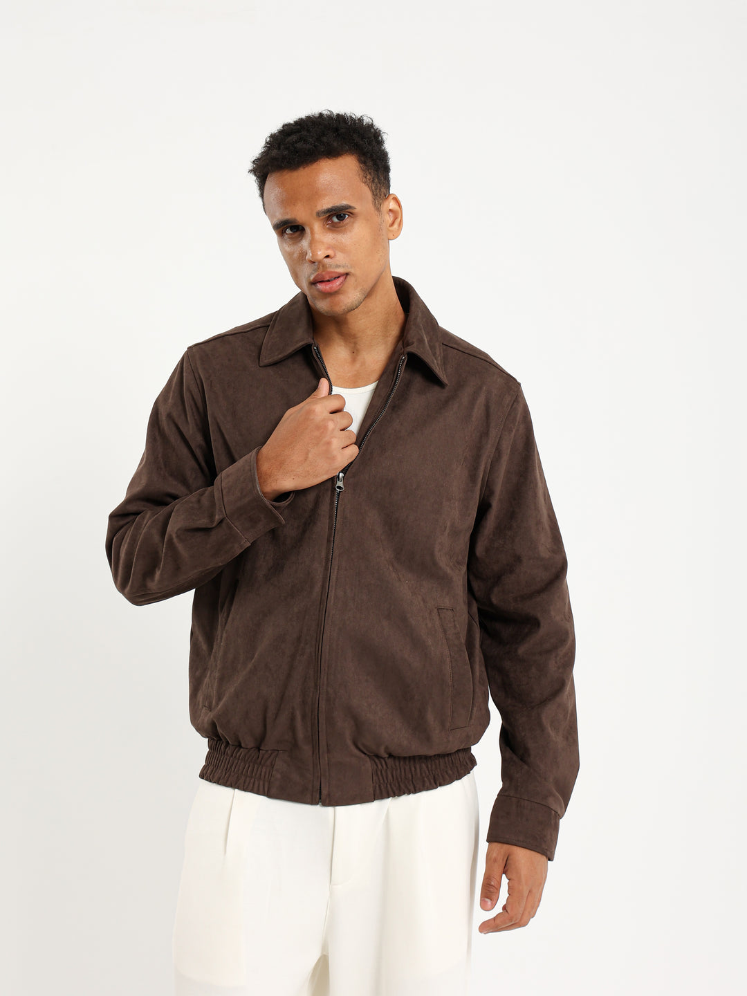 Suede Bomber Jacket with Collar