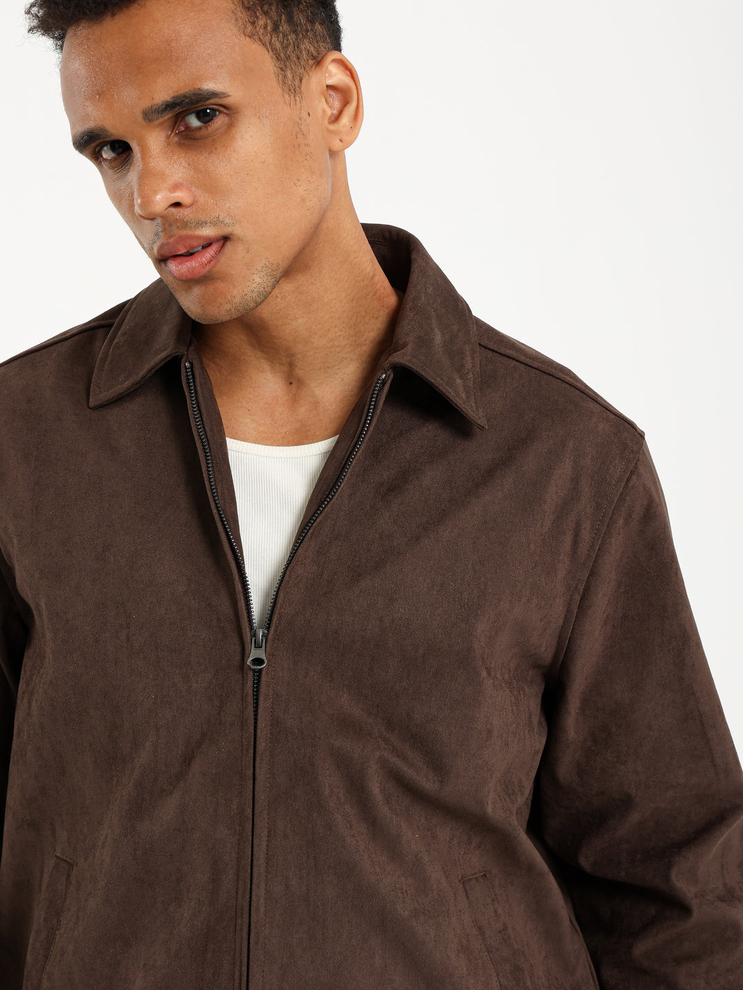 Suede Bomber Jacket with Collar