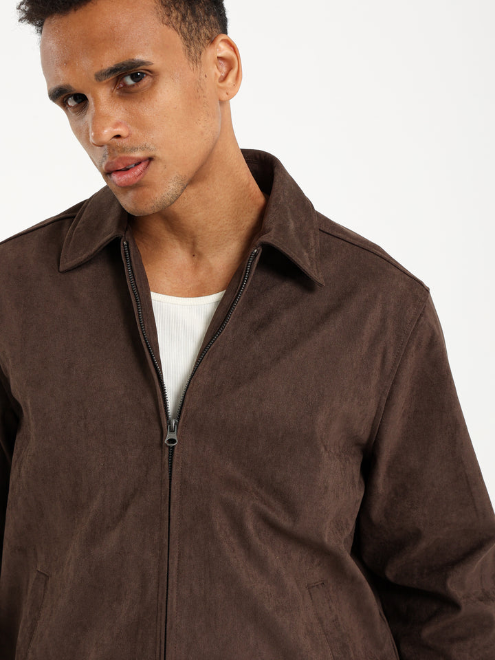 Suede Bomber Jacket with Collar