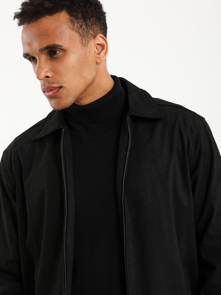 Suede Bomber Jacket with Collar