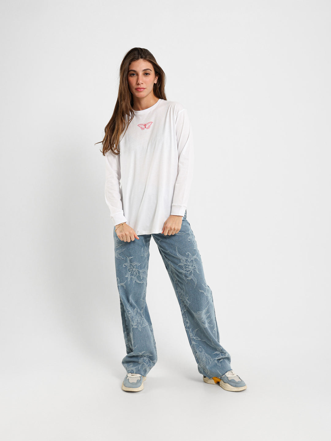 Butterfly Print Oversized Long Sleeve T-Shirt