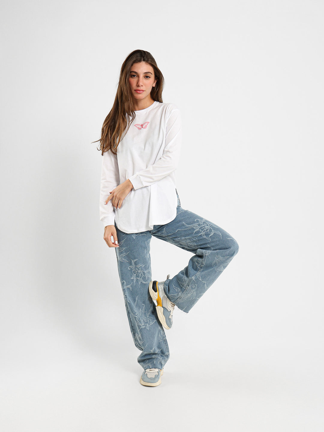 Butterfly Print Oversized Long Sleeve T-Shirt